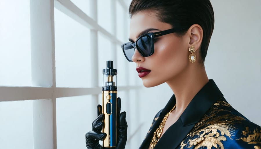 A fashionable model elegantly holding a stylish vape pen with vibrant designs, alongside premium vaping accessories, set against a modern minimalist background.