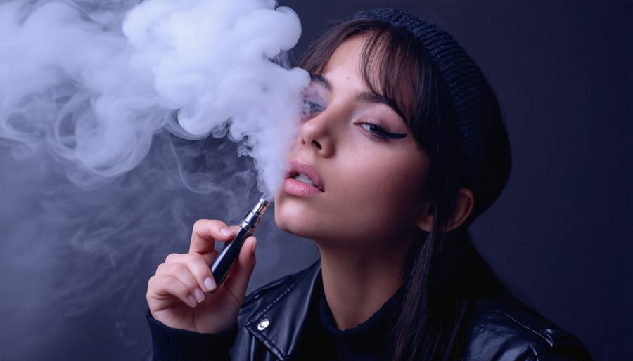 A fashionable woman using a sleek vape pen, exhaling vapor stylishly